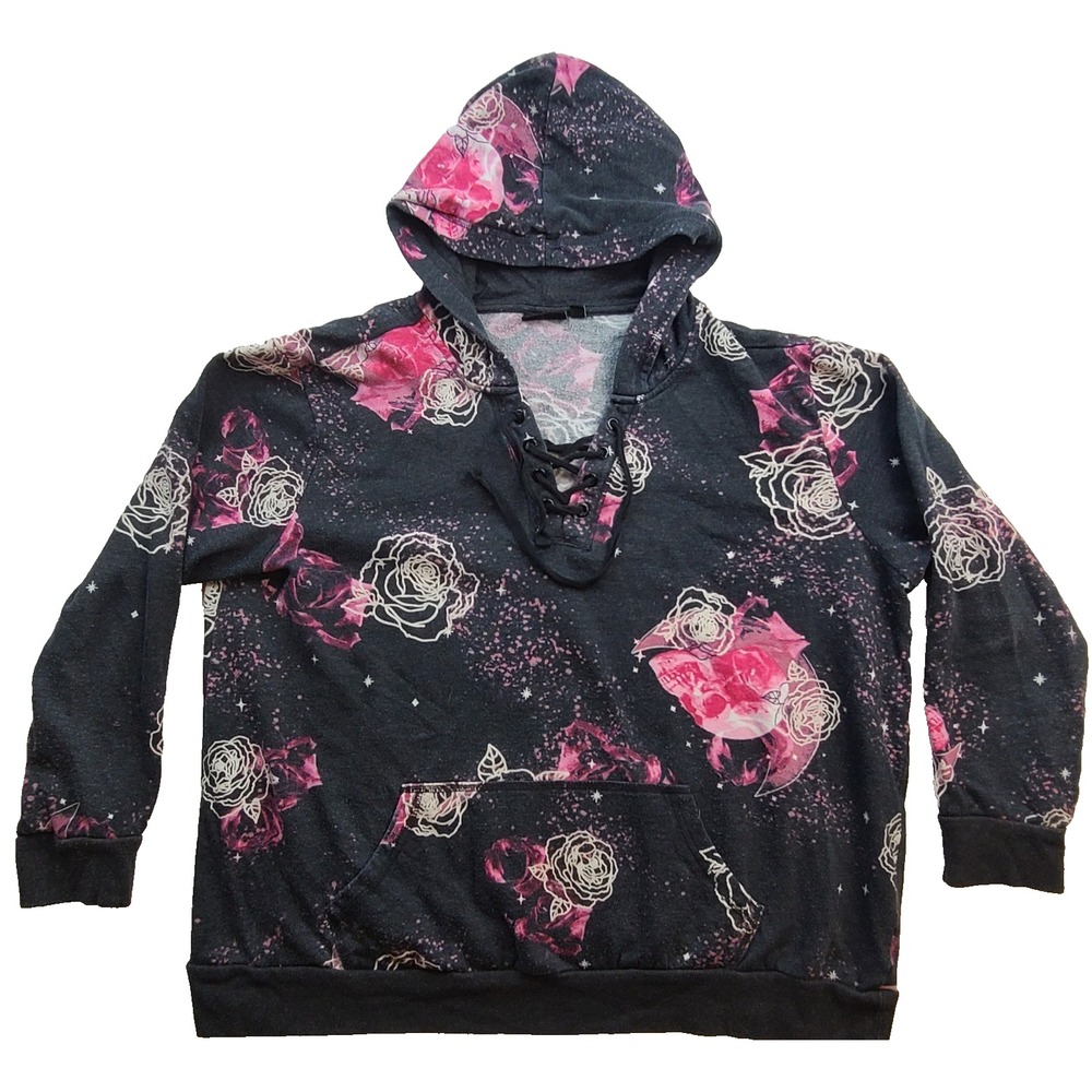LoveSick Womens Size 2 Hoodie Charcoal Pink Rose Moon Stars Lace Up Pullover